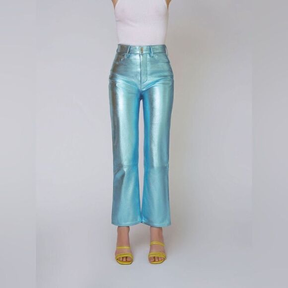 The Mighty Company The Queensway Lamb Leather Silver Pants Straight Leg Size 12 - Picture 5 of 13